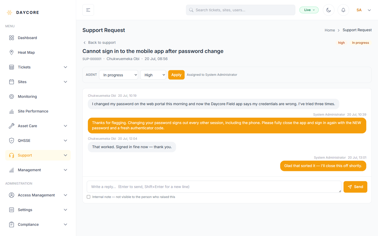 Screenshot: Send and follow the conversation